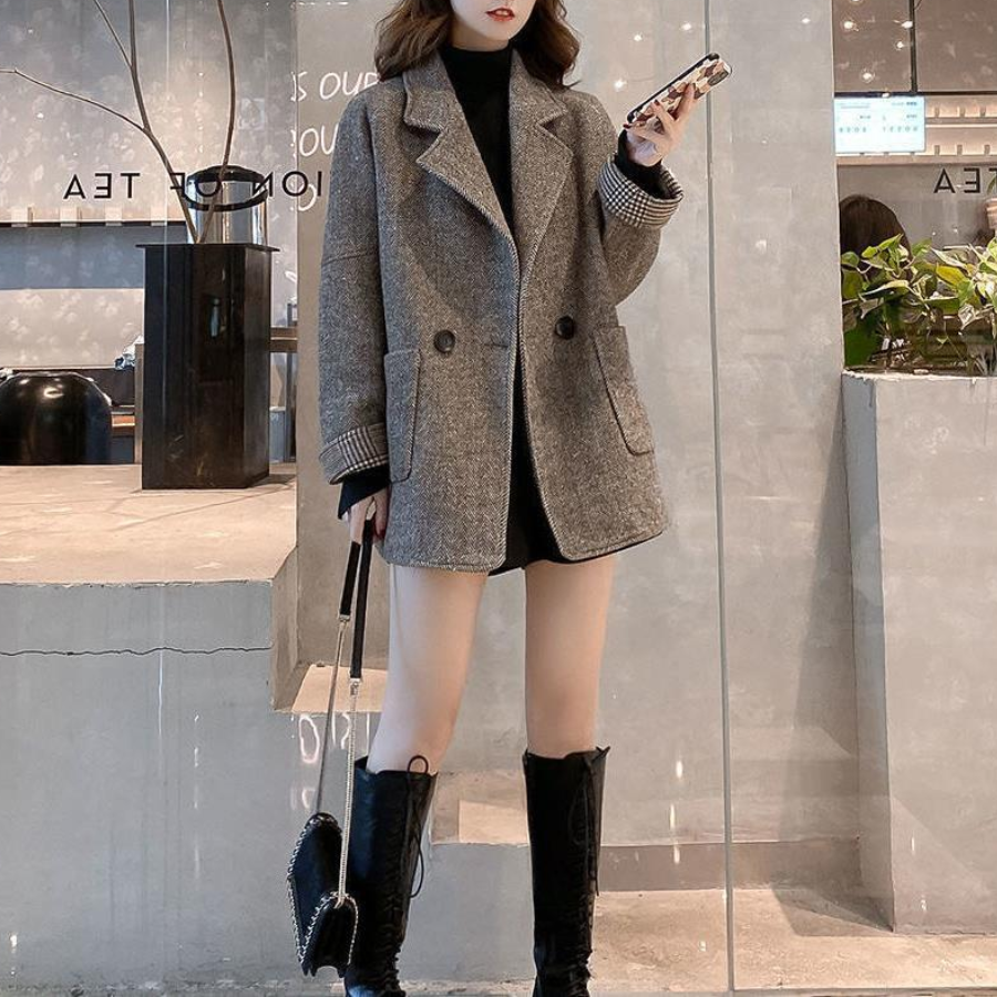 韓版寬鬆顯瘦英倫風休閒毛呢西裝開衫-Cicichill