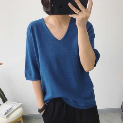 簡約V領百搭寬鬆套頭T恤純色休閒短袖-Cicimode