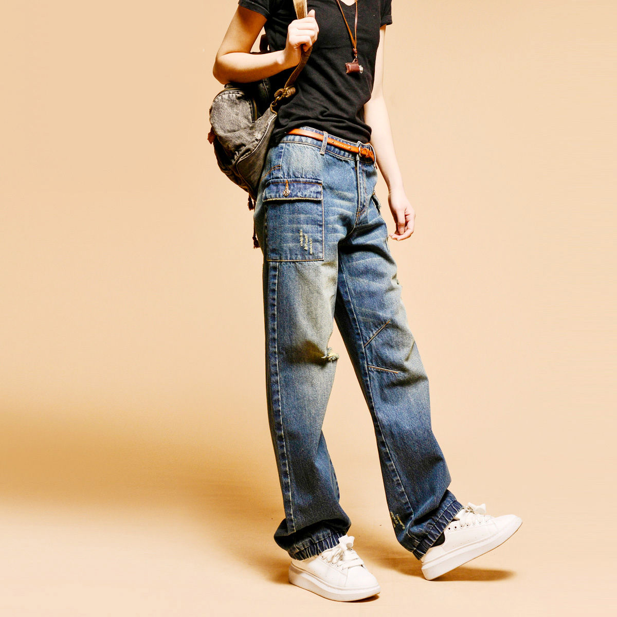 復古bf風大兜燈籠褲高腰闊腿牛仔寬鬆休閒褲裝-Cicichill