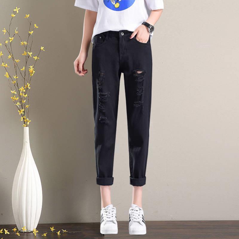 寬鬆顯瘦百搭時尚破洞牛仔直筒哈倫褲裝