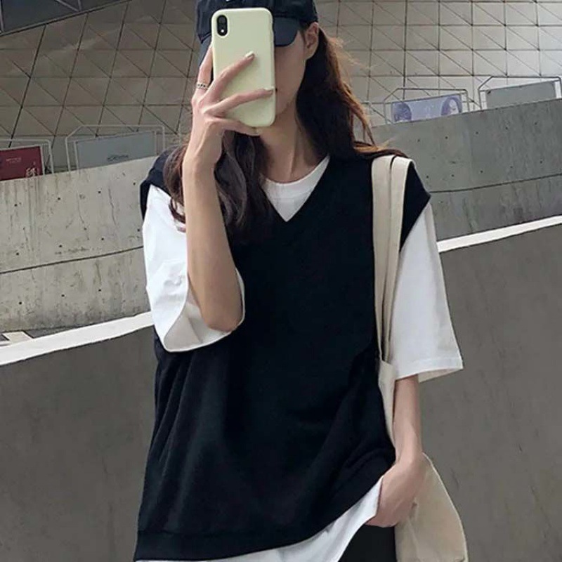 韓版休閒寬鬆顯瘦短袖+馬甲+闊腿褲三件套裝