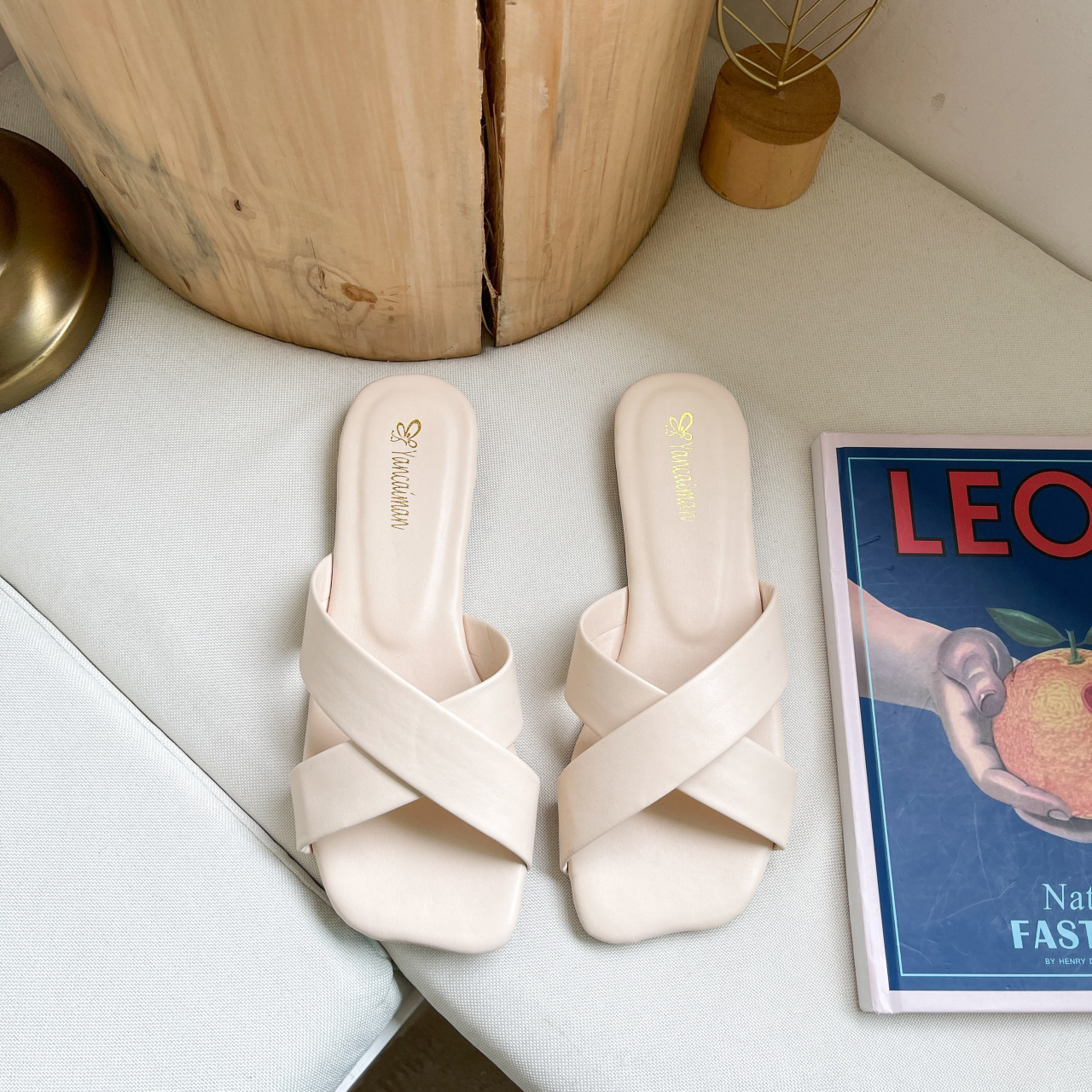 網紅交叉糖果色方頭平底外穿拖鞋-Cicichill