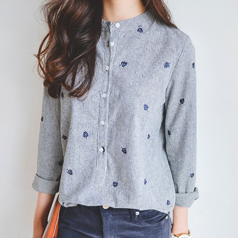 條紋拼色樹葉刺繡韓版立領長袖顯瘦襯衫-Cicichill