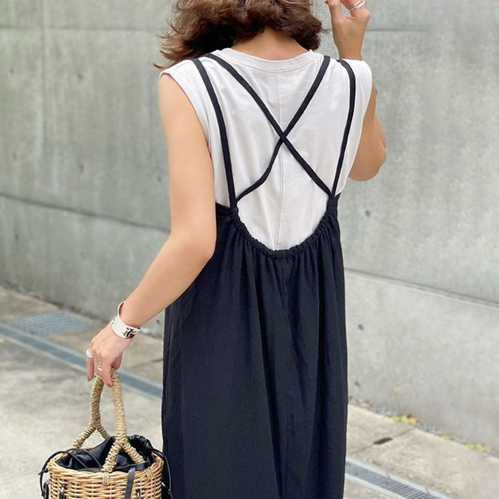 日系長款聚攏圓領吊帶後背織帶無袖素色休閒A字連身裙