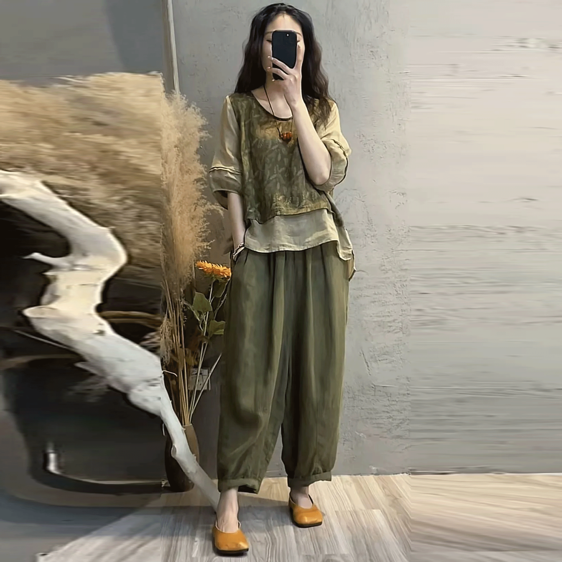 時尚棉麻印花拼接假兩件顯瘦兩件套裝-Cicichill