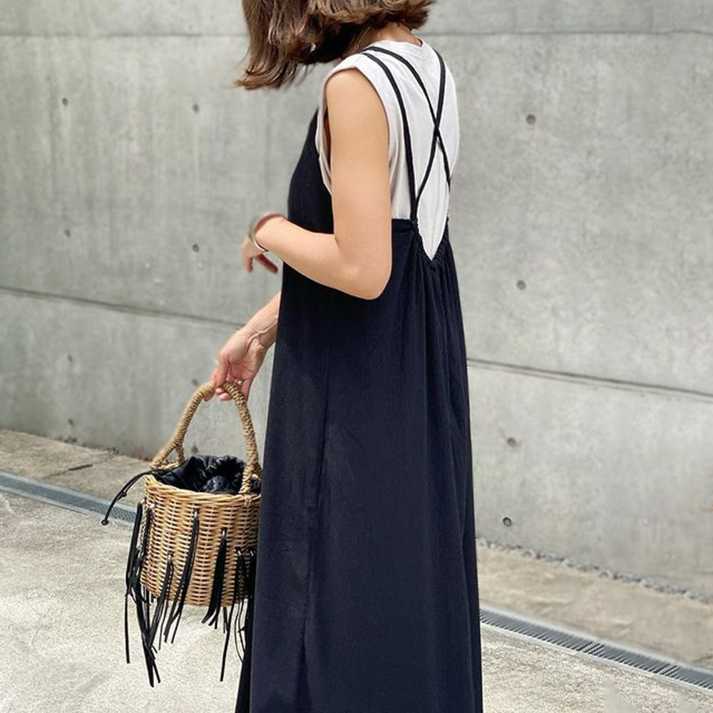 日系長款聚攏圓領吊帶後背織帶無袖素色休閒A字連身裙