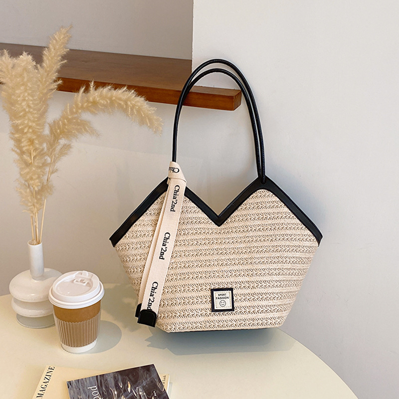 大容量草編單肩手拎通勤絲巾腋下托特包-Cicichill