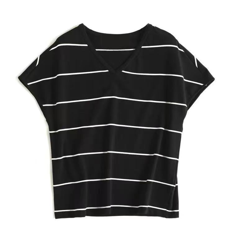 時尚v領涼爽透氣條紋百搭休閒短袖-Cicichill