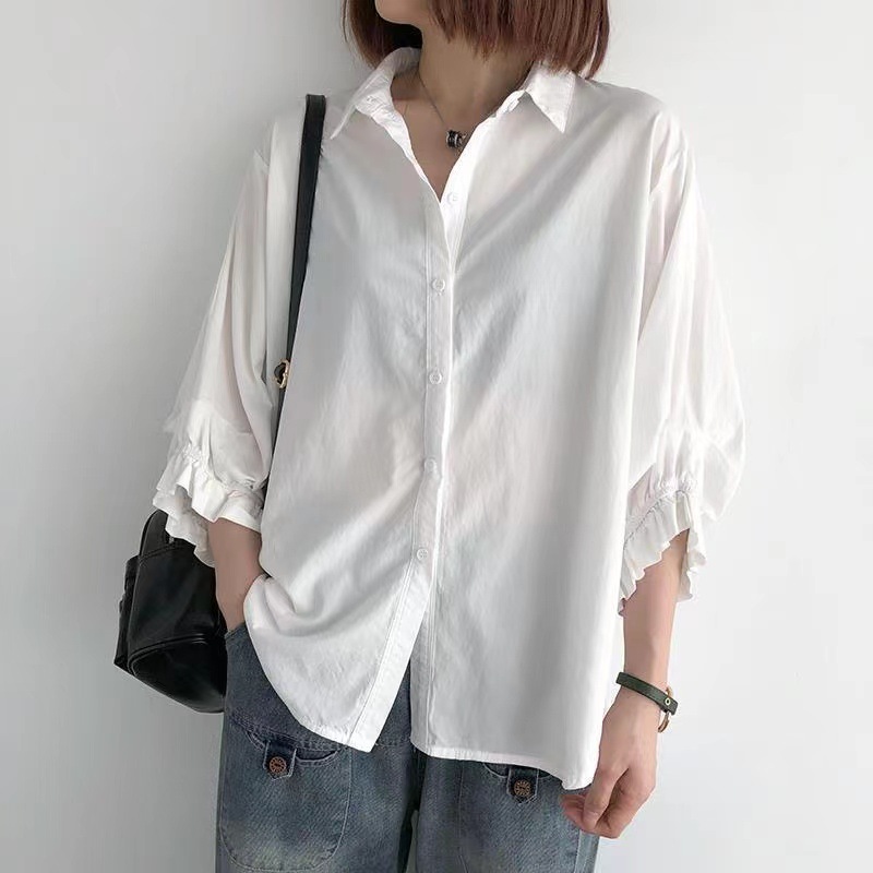 韓版休閒百搭寬鬆純棉七分袖襯衫-Cicichill