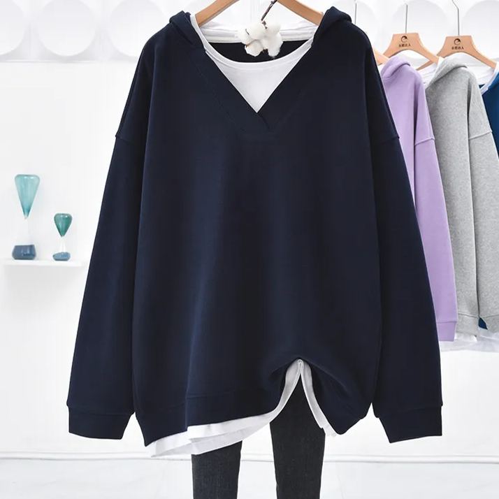 休閒寬鬆簡約V領假兩件中長款連帽衛衣-Cicichill