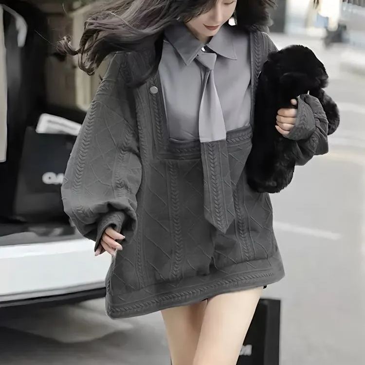 假兩件灰色慵懶風POLO領外穿設計感領帶衛衣-Cicichill