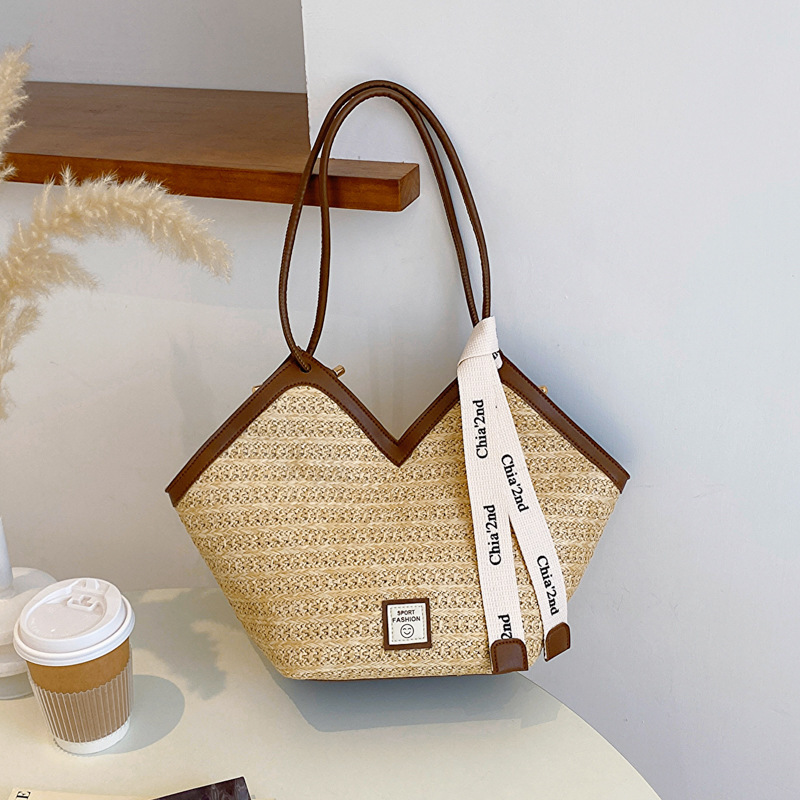大容量草編單肩手拎通勤絲巾腋下托特包-Cicichill