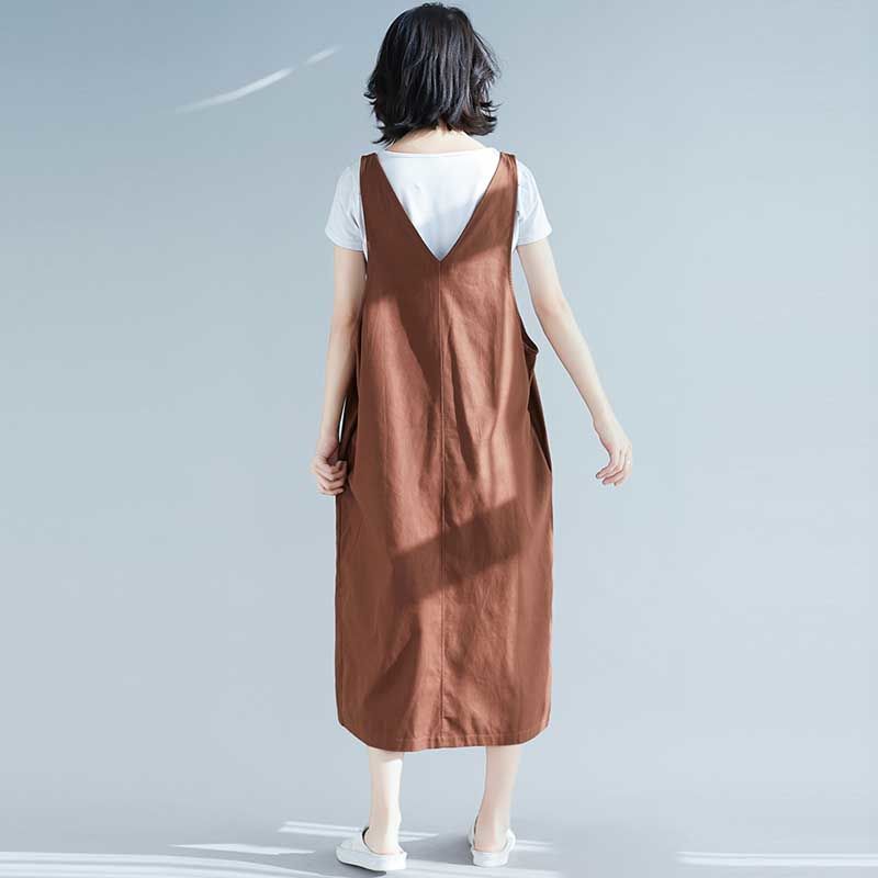 韓版休閒寬鬆棉麻中長款無袖背帶連身裙-Cicichill