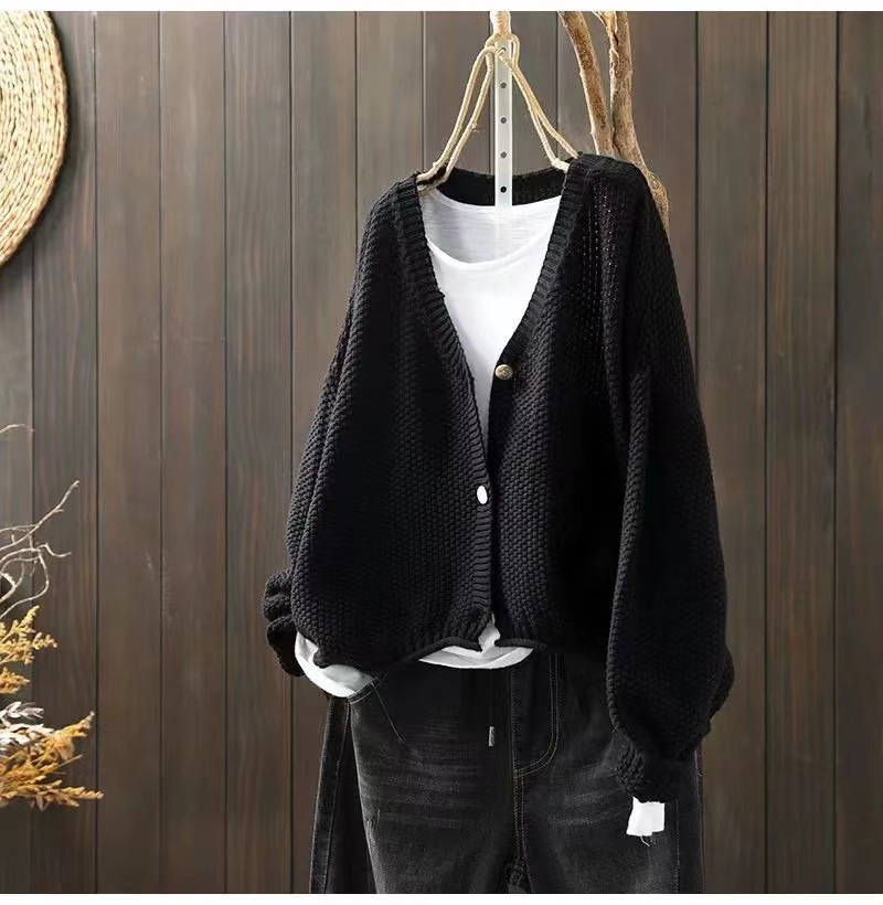 復古V領針織文藝休閒百搭開衫-Cicichill