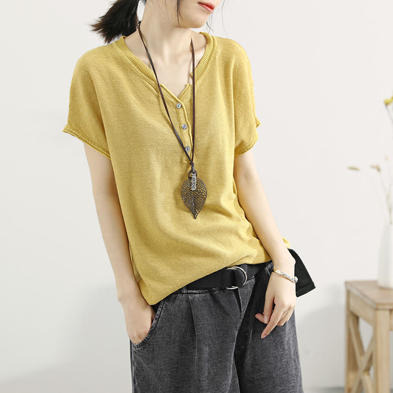 冰絲針織V領韓版套頭薄款打底寬鬆短袖-Cicichill