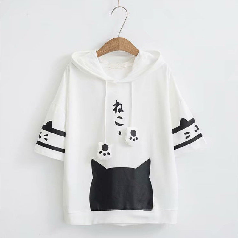 甜美減齡貓咪可愛設計感抽繩連帽短袖-Cicichill