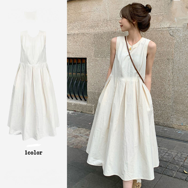 法式白色收腰顯瘦中長款蓬蓬大擺無袖連身裙-Cicichill