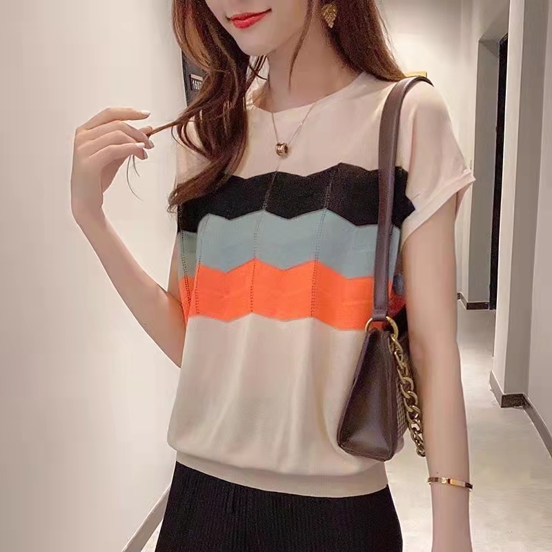 彩虹條紋寬鬆上衣打底衫薄款冰絲針織衫短袖