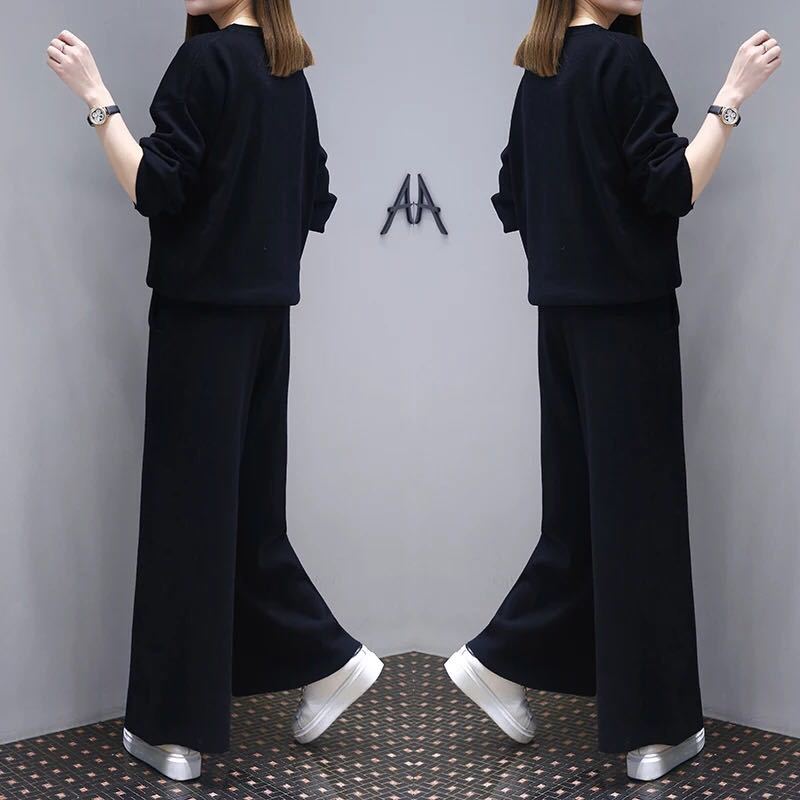 洋氣寬鬆顯瘦上衣闊腿褲休閒兩件套套裝-Cicichill