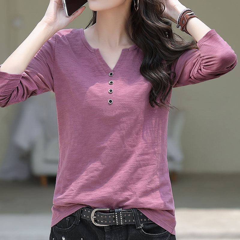 【全六色】寬鬆百搭V領上衣打底衫潮竹節棉長袖-Cicichill