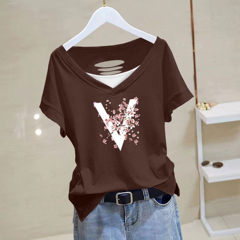 寬鬆洋氣後背鏤空設計感純棉v領短袖