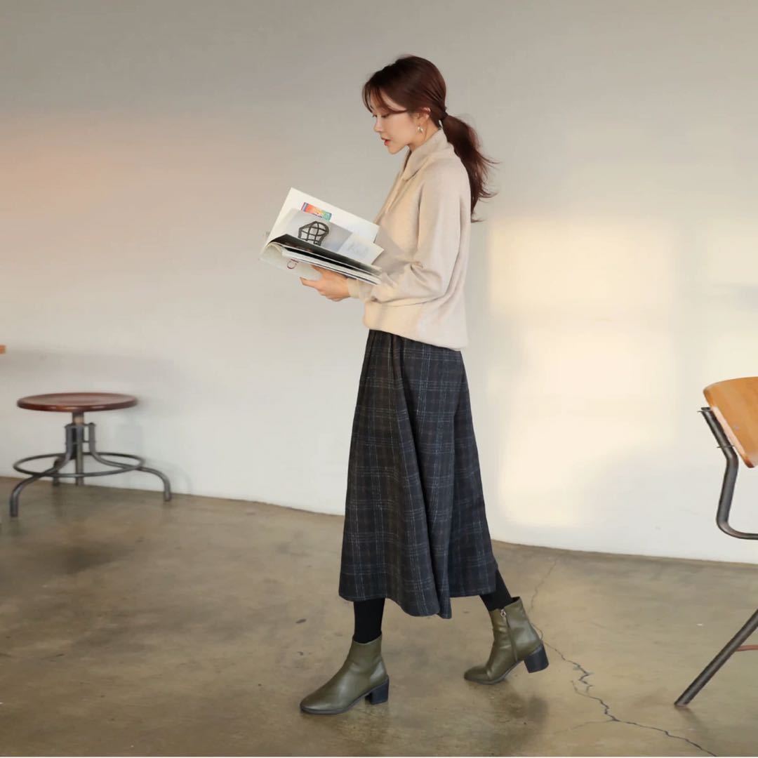 寬鬆顯瘦鬆緊腰格子毛呢闊腿褲裝-Cicichill