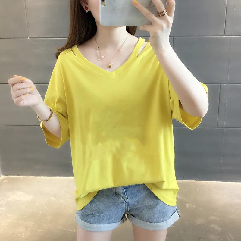 Ins潮流設計感休閒百搭洋氣寬鬆V領短袖