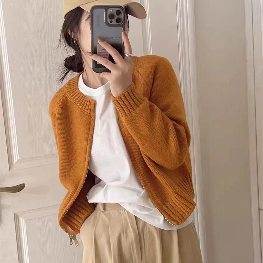 休閒百搭寬鬆拉鍊長袖針織開衫-Cicichill