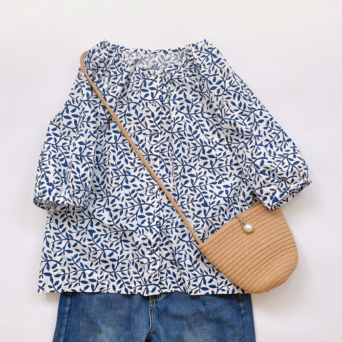 法式文藝碎花寬鬆百搭青花瓷印花襯衫-Cicichill