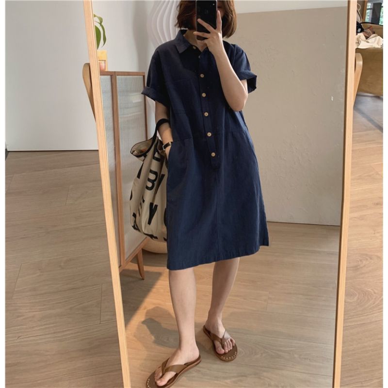 棉麻涼爽簡約休閒直筒翻領套頭短袖連身裙-Cicichill