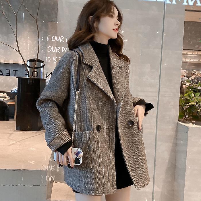 韓版寬鬆顯瘦英倫風休閒毛呢西裝開衫-Cicichill