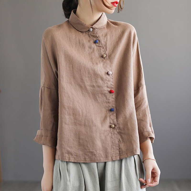 斜襟彩扣棉麻復古娃娃領亞麻打底襯衫-Cicichill