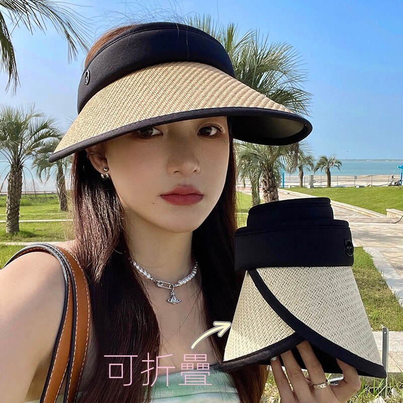 可折疊草編防曬遮陽防紫外線黑膠騎車帽子