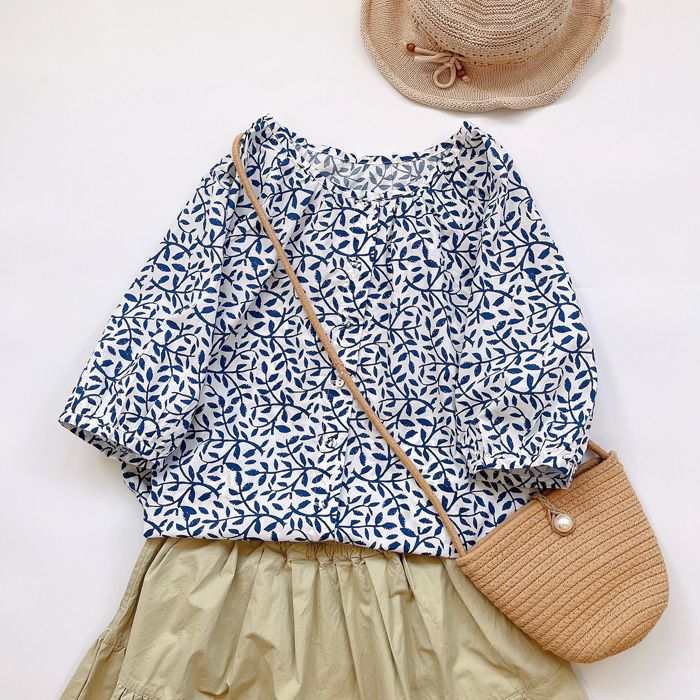 法式文藝碎花寬鬆百搭青花瓷印花襯衫-Cicichill