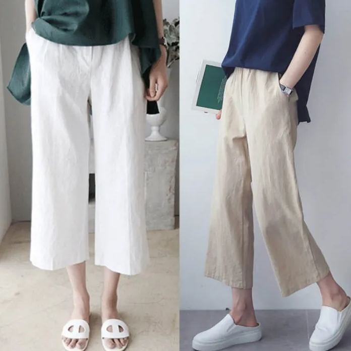 闊腿亞麻薄款休閒寬鬆九分褲裝-Cicimode