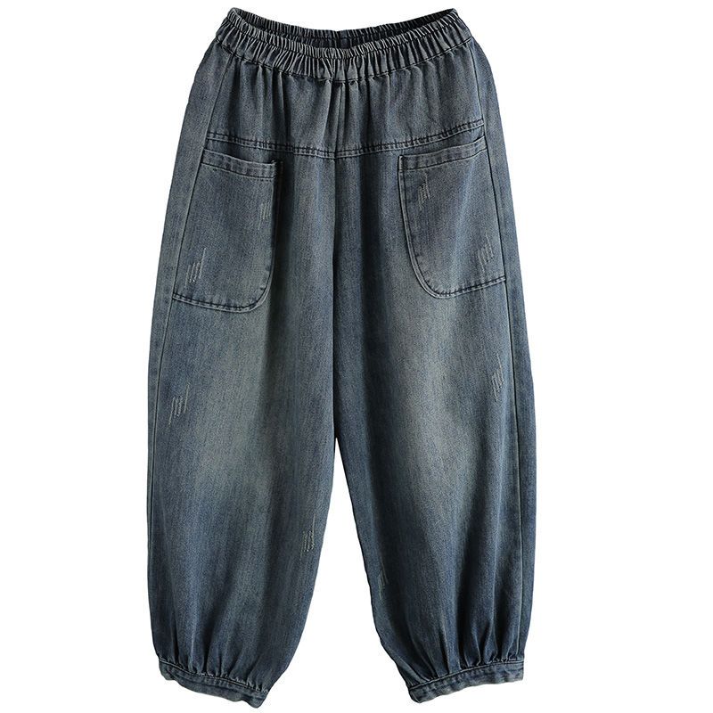 韓版寬鬆拼接大口袋高腰鬆緊腰直筒牛仔褲裝-Cicichill