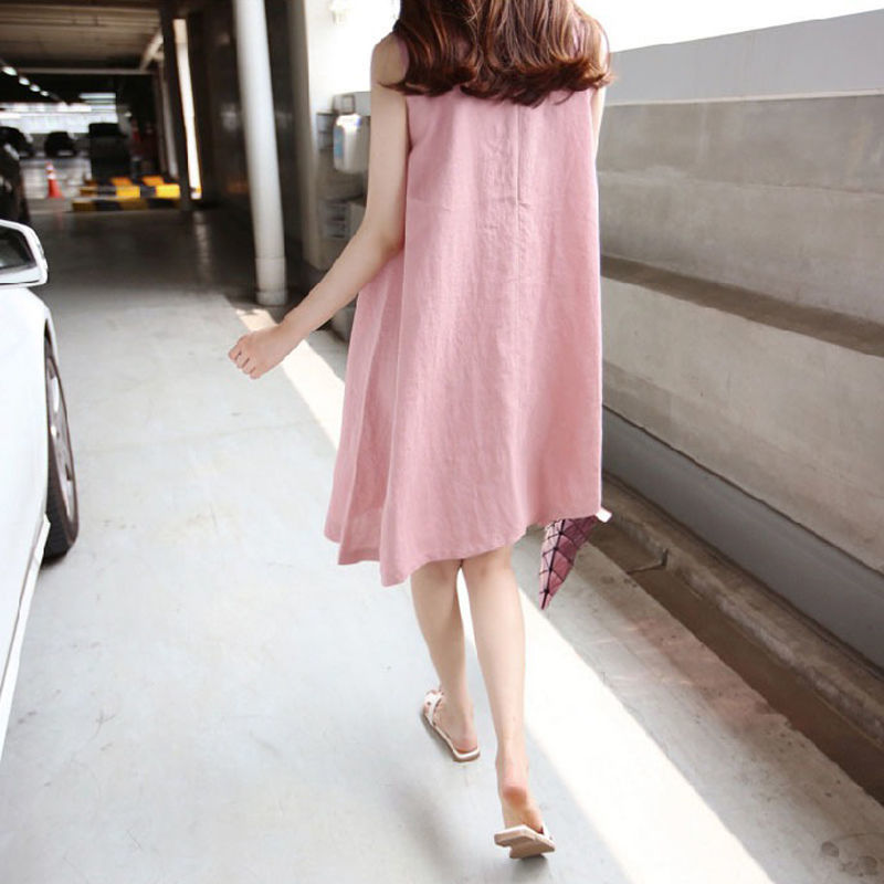法式簡約寬鬆透氣棉麻中長款無袖a字連身裙-Cicichill