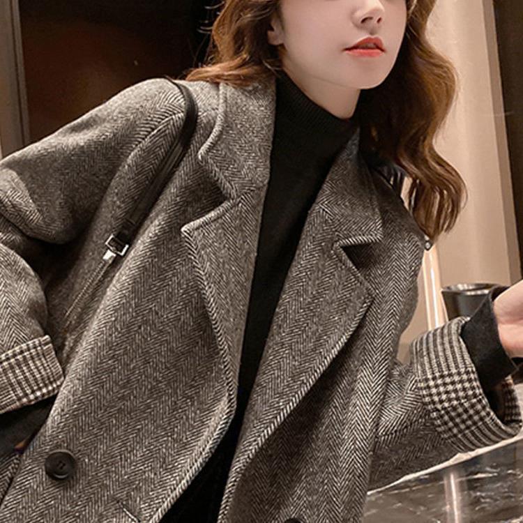 韓版寬鬆顯瘦英倫風休閒毛呢西裝開衫-Cicichill