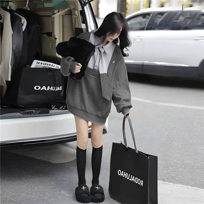 假兩件灰色慵懶風POLO領外穿設計感領帶衛衣-Cicichill