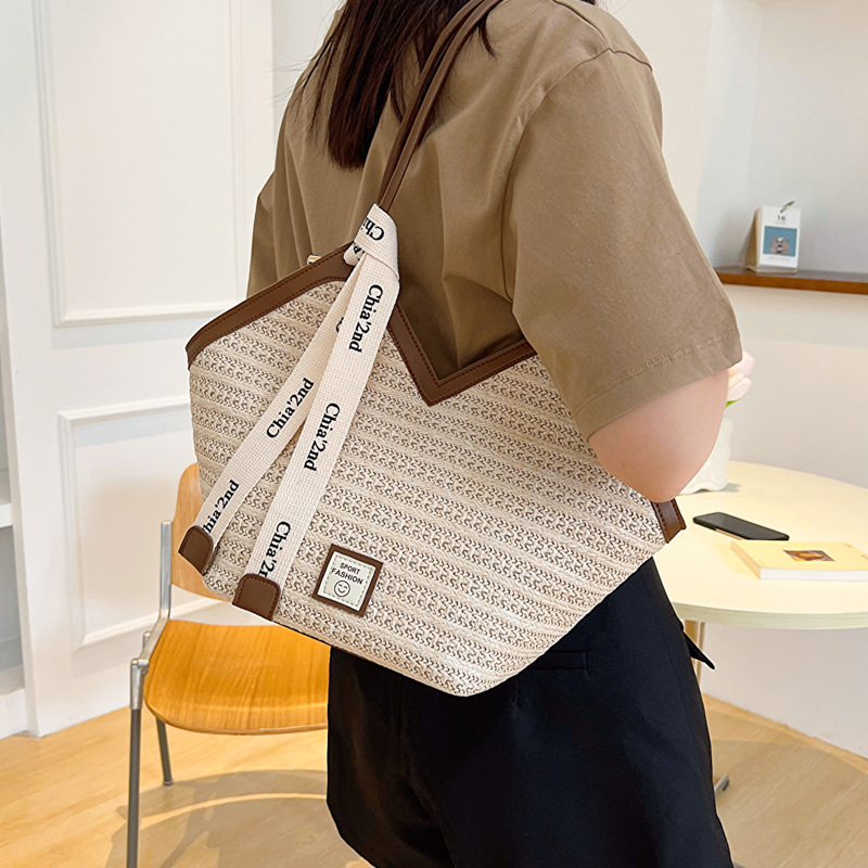 大容量草編單肩手拎通勤絲巾腋下托特包-Cicichill