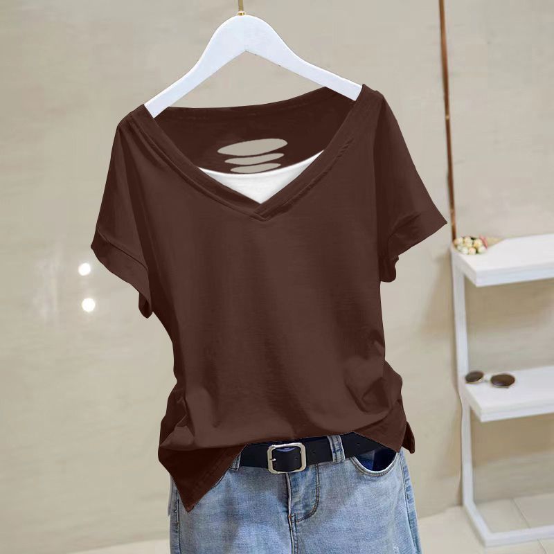 寬鬆洋氣後背鏤空設計感純棉v領短袖