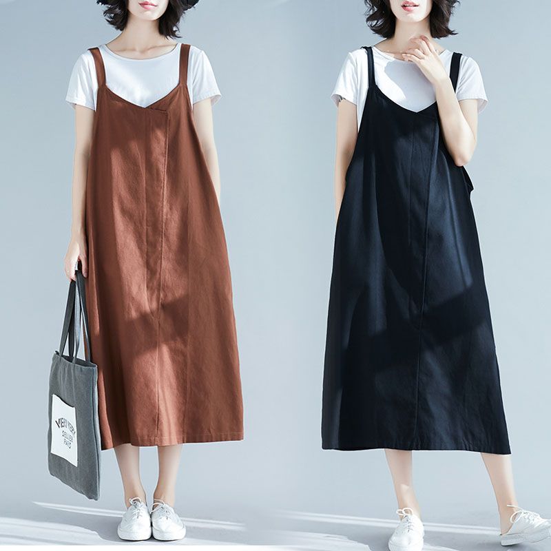 韓版休閒寬鬆棉麻中長款無袖背帶連身裙-Cicichill