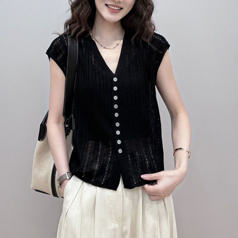 氣質涼感透氣時尚V領顯瘦針織設計感鏤空開衫