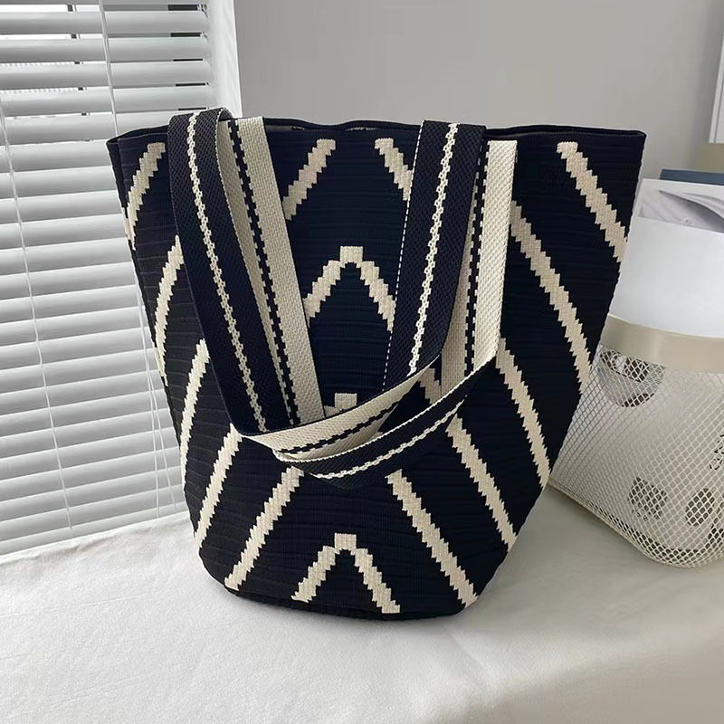 簡約條紋大容量通勤百搭時尚單肩編織腋下包-Cicichill