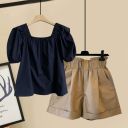 藏青色上衣+卡其色短褲/兩件套
