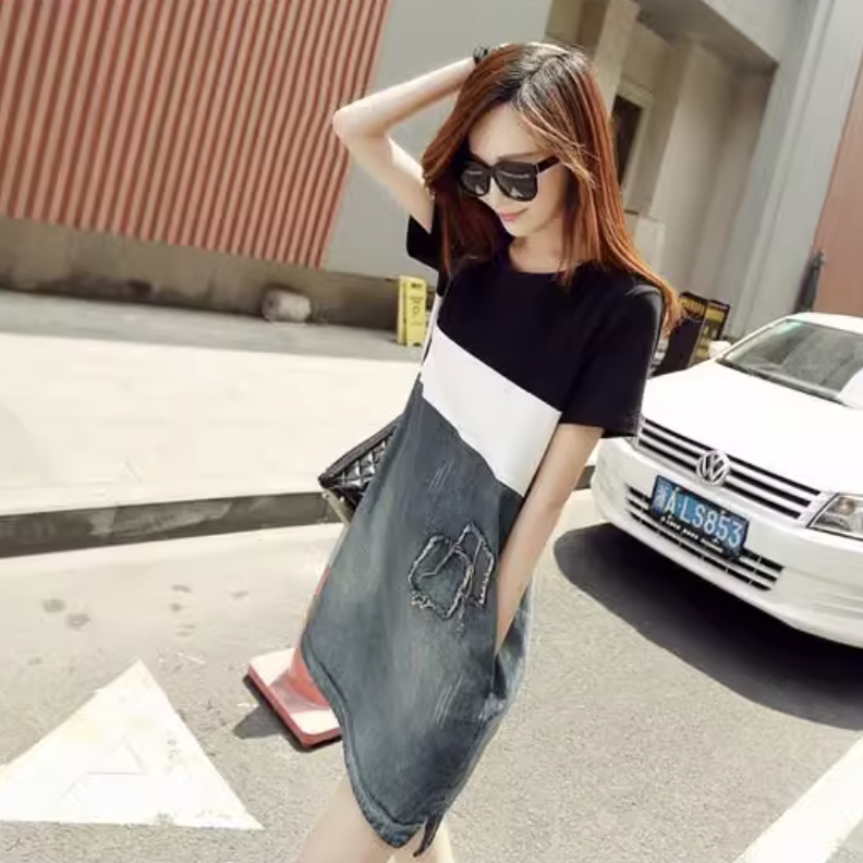 韓版黑白拼接修身A字裙牛仔顯瘦連衣裙-Cicichill