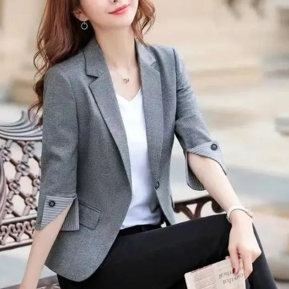 小西裝麻外套女新款韓版小個子七分袖薄款職業裝修身時尚西服開衫