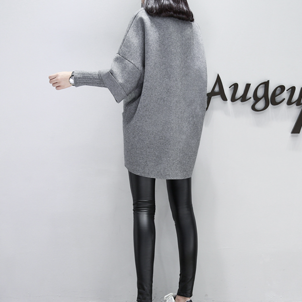 休閒時尚寬鬆拼接長袖純色長款圓領衛衣-Cicichill