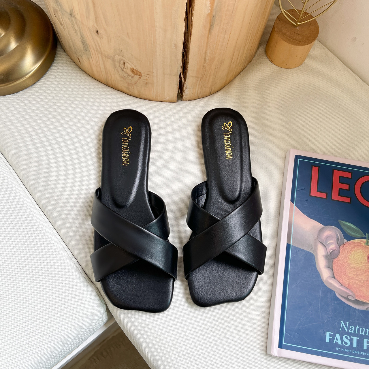 網紅交叉糖果色方頭平底外穿拖鞋-Cicichill