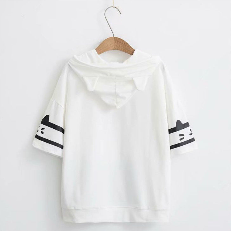甜美減齡貓咪可愛設計感抽繩連帽短袖-Cicichill